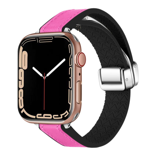 For Apple Watch Series 4 44mm Magnetic Folding Leather Silicone Watch Band(Rose Pink on Black) by bashfashion
