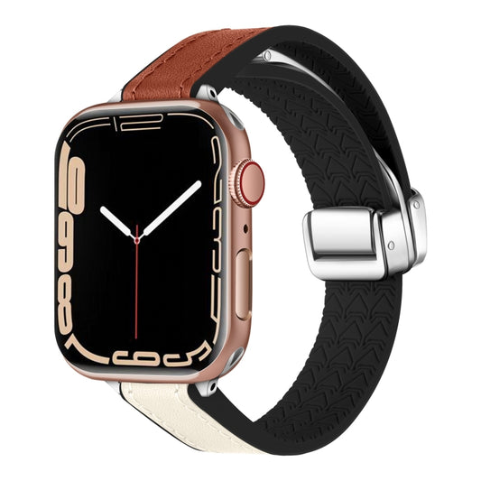 For Apple Watch Series 4 44mm Magnetic Folding Leather Silicone Watch Band(Starlight Brown) by bashfashion