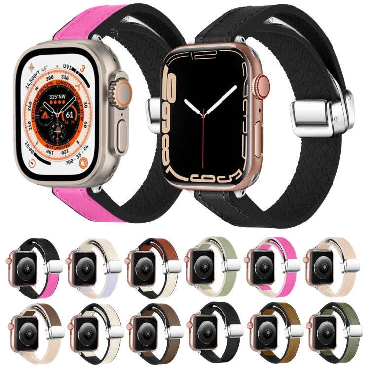 For Apple Watch SE 2022 40mm Magnetic Folding Leather Silicone Watch Band(Rose Pink on Black) by bashfashion