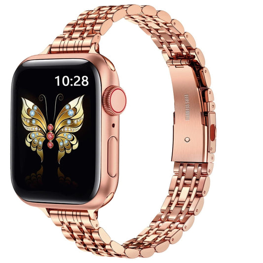 For Apple Watch Series 8 45mm Slim Seven Bead Slingshot Buckle Metal Watch Band(Rose Gold) by bashfashion