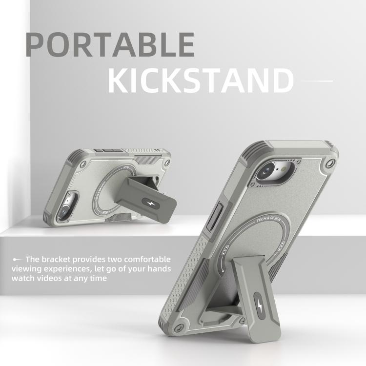 For iPhone 16e Armor Magsafe Holder PC Hybrid TPU Phone Case(Grey) by bashfashion