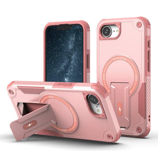 For iPhone 16e Armor Magsafe Holder PC Hybrid TPU Phone Case(Pink) by bashfashion