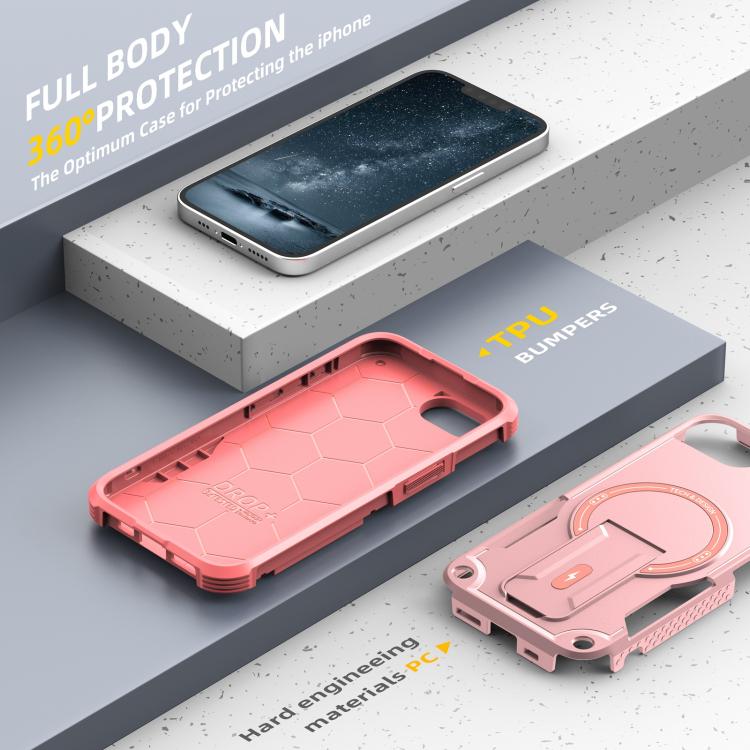 For iPhone 16e Armor Magsafe Holder PC Hybrid TPU Phone Case(Pink) by bashfashion