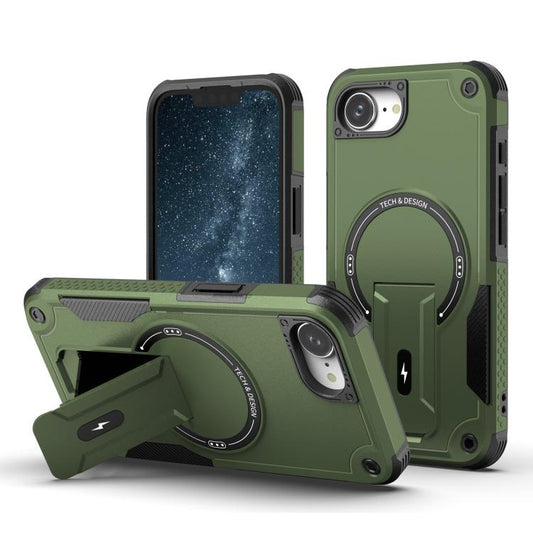 For iPhone 16e Armor Magsafe Holder PC Hybrid TPU Phone Case(Army Green) by bashfashion