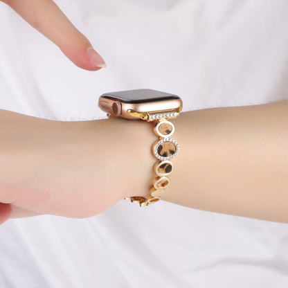 For Apple Watch Series 9 45mm Leopard Rhinestones Metal Chain Watch Band(Gold) by bashfashion
