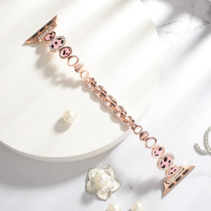 For Apple Watch Series 5 44mm Leopard Rhinestones Metal Chain Watch Band(Rose Gold) by bashfashion