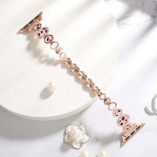 For Apple Watch Series 3 38mm Leopard Rhinestones Metal Chain Watch Band(Rose Gold) by bashfashion