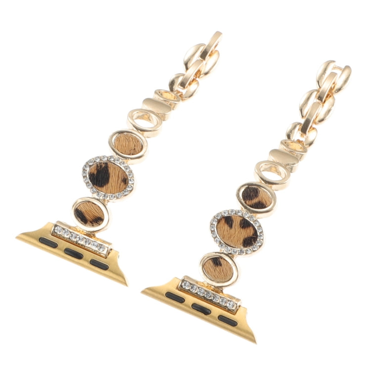 For Apple Watch Series 3 42mm Leopard Rhinestones Metal Chain Watch Band(Gold) by bashfashion