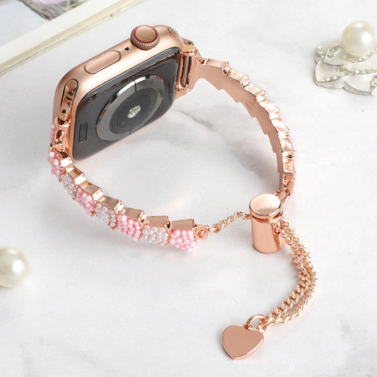 For Apple Watch SE 2023 40mm Shell Beads Chain Bracelet Metal Watch Band(Pink White Rose Gold) by bashfashion