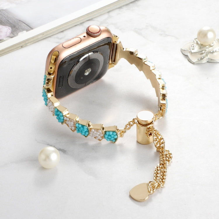 For Apple Watch Series 9 45mm Shell Beads Chain Bracelet Metal Watch Band(Blue White Gold) by bashfashion