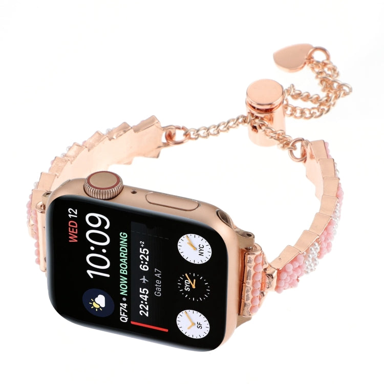 For Apple Watch Series 9 45mm Shell Beads Chain Bracelet Metal Watch Band(Pink White Rose Gold) by bashfashion