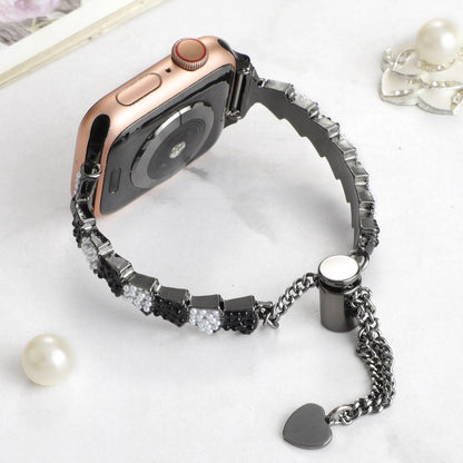 For Apple Watch Series 7 45mm Shell Beads Chain Bracelet Metal Watch Band(Black White) by bashfashion