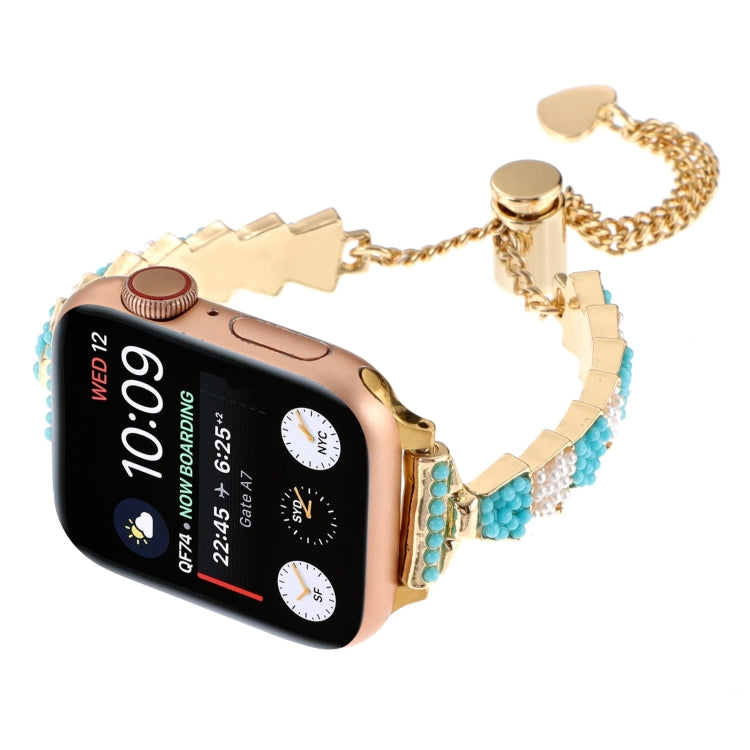 For Apple Watch Series 3 42mm Shell Beads Chain Bracelet Metal Watch Band(Blue White Gold) by bashfashion