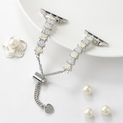 For Apple Watch Series 2 42mm Shell Beads Chain Bracelet Metal Watch Band(Beige White Silver) by bashfashion