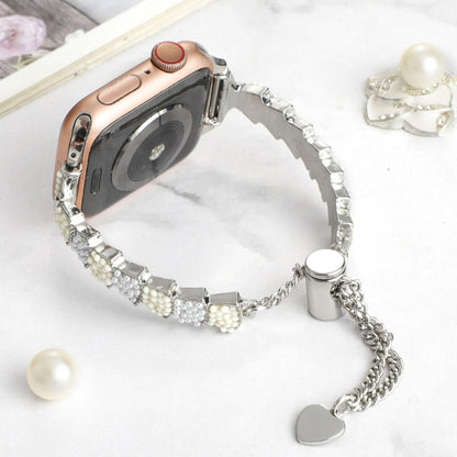 For Apple Watch Series 2 38mm Shell Beads Chain Bracelet Metal Watch Band(Beige White Silver) by bashfashion