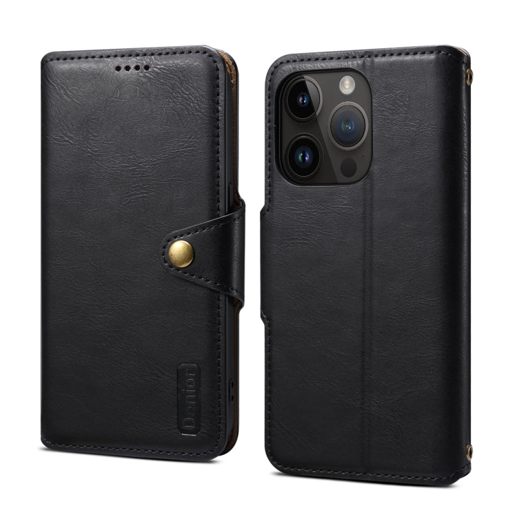 For iPhone 15 Pro Max Denior Cowhide Texture Wallet Style Leather Phone Case(Black) by Denior