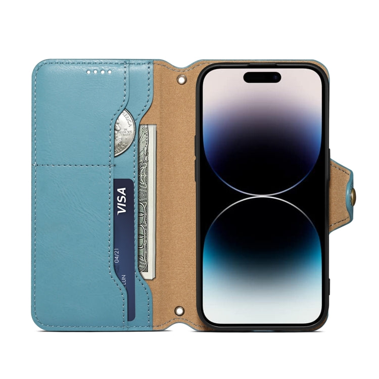 For iPhone 15 Pro Denior Cowhide Texture Wallet Style Leather Phone Case(Blue) by Denior