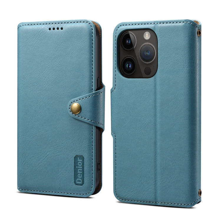 For iPhone 14 Pro Max Denior Cowhide Texture Wallet Style Leather Phone Case(Blue) by Denior