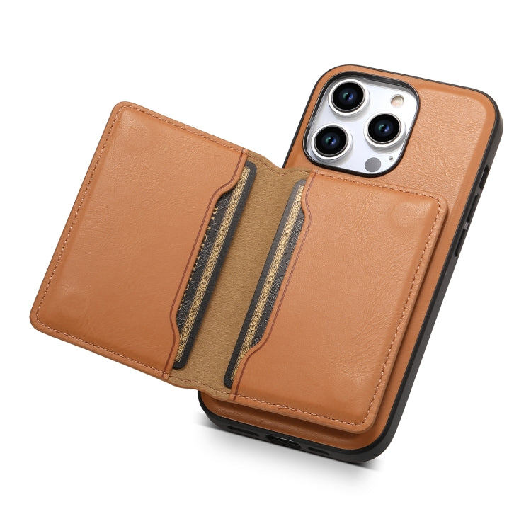 For iPhone 15 Denior Cowhide Texture Leather MagSafe Detachable Wallet Phone Case(Khaki) by Denior