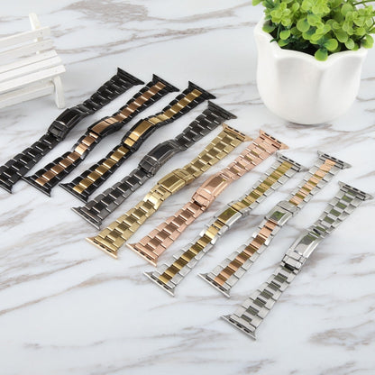 For Apple Watch Series 8 41mm Three-Bead Stainless Steel Watch Band(Black Rose Gold) by bashfashion