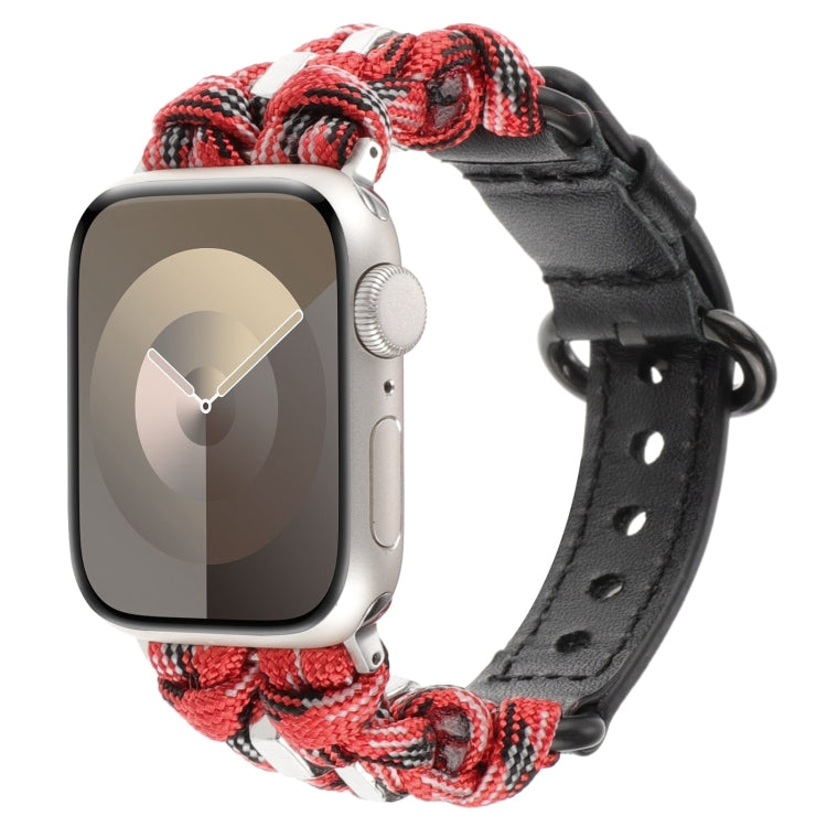 For Apple Watch Series 8 41mm Paracord Genuine Leather Watch Band(Black Red Camo) by bashfashion