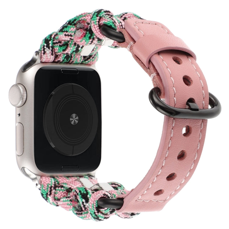 For Apple Watch Series 8 45mm Paracord Genuine Leather Watch Band(Pink Camo) by bashfashion
