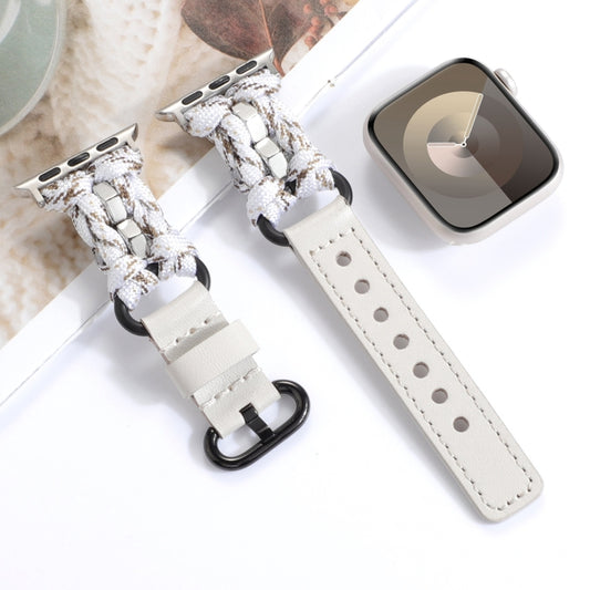 For Apple Watch SE 2022 44mm Paracord Genuine Leather Watch Band(White Khaki) by bashfashion