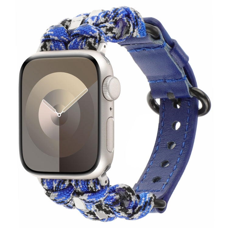 For Apple Watch SE 2022 44mm Paracord Genuine Leather Watch Band(Blue Camo) by bashfashion
