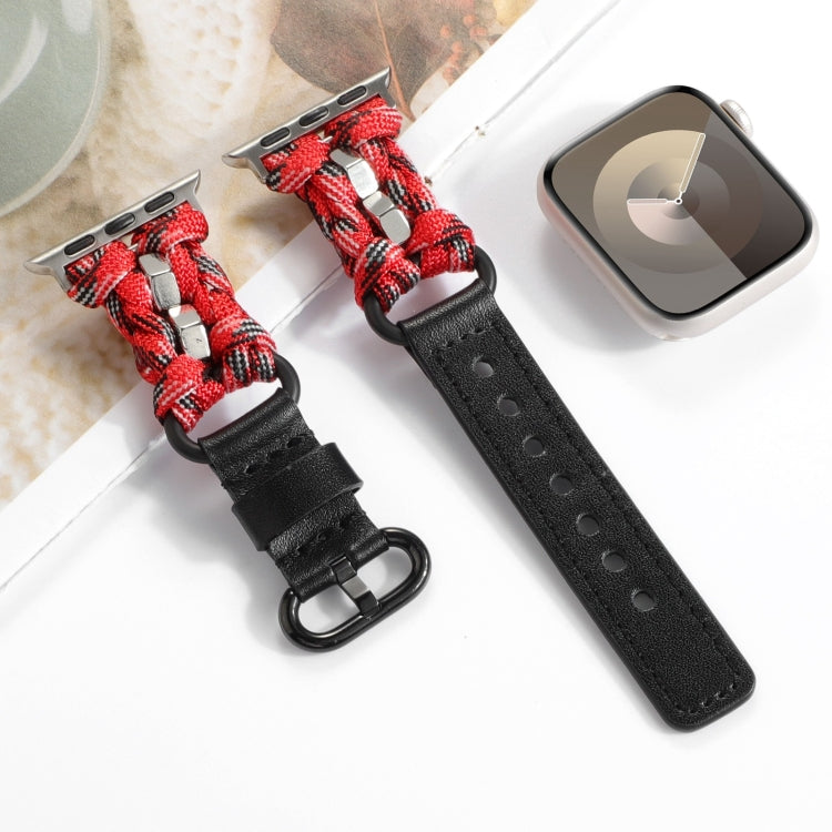 For Apple Watch Series 6 44mm Paracord Genuine Leather Watch Band(Black Red Camo) by bashfashion