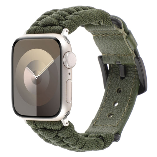 For Apple Watch Series 9 45mm Plain Paracord Genuine Leather Watch Band(Army Green) by bashfashion