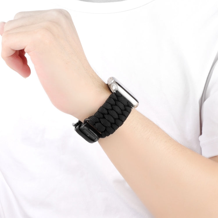 For Apple Watch Series 8 45mm Plain Paracord Genuine Leather Watch Band(Black) by bashfashion