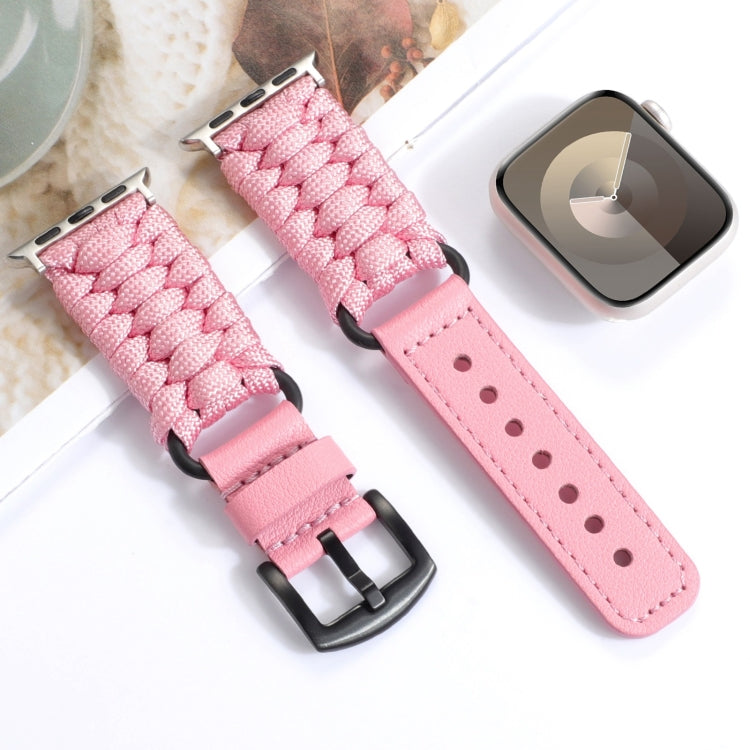For Apple Watch SE 2022 40mm Plain Paracord Genuine Leather Watch Band(Pink) by bashfashion
