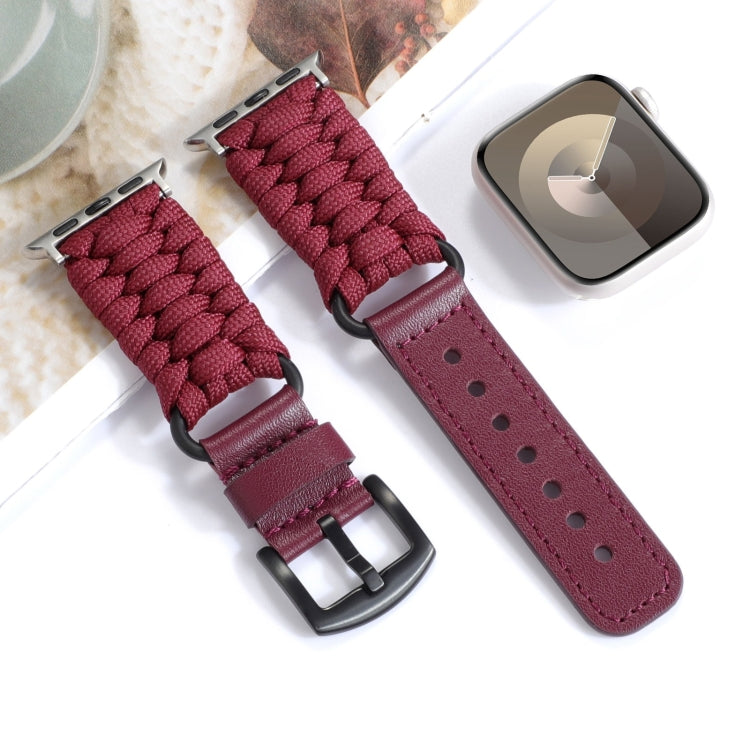 For Apple Watch Series 6 40mm Plain Paracord Genuine Leather Watch Band(Wine Red) by bashfashion