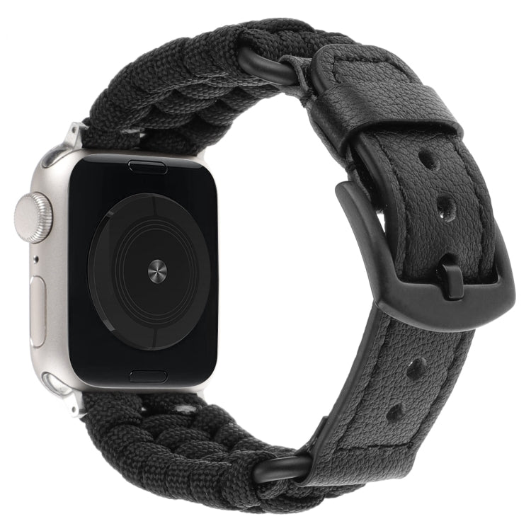 For Apple Watch Series 6 44mm Plain Paracord Genuine Leather Watch Band(Black) by bashfashion