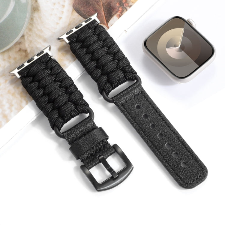 For Apple Watch Series 2 38mm Plain Paracord Genuine Leather Watch Band(Black) by bashfashion