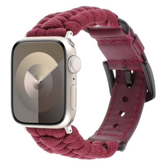 For Apple Watch 42mm Plain Paracord Genuine Leather Watch Band(Wine Red) by bashfashion