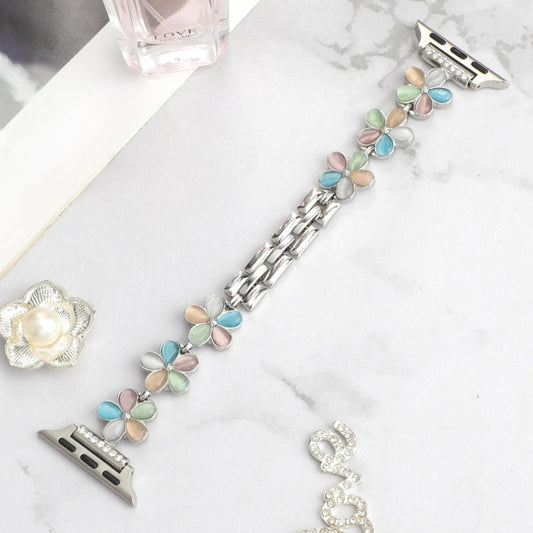 For Apple Watch 38mm 5-petaled Flower Zinc Alloy Chain Watch Band(Silver Colorful) by bashfashion