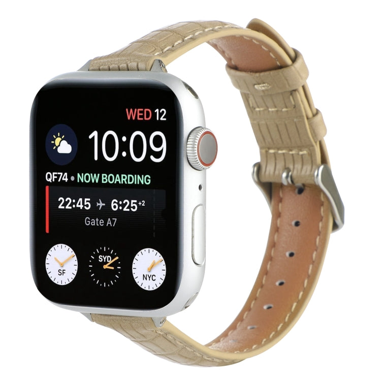 For Apple Watch SE 2022 44mm Slim Crocodile Leather Watch Band(Khaki) by bashfashion