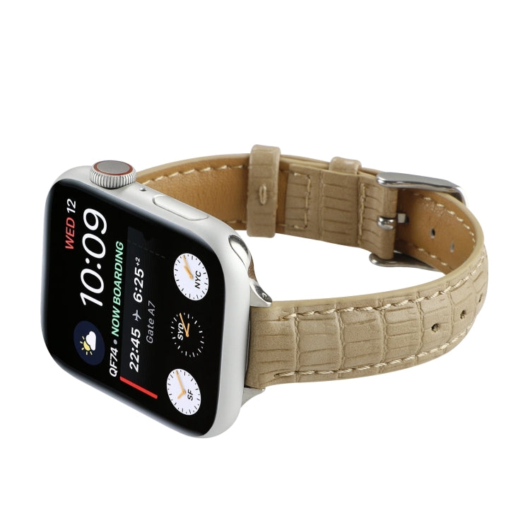 For Apple Watch SE 44mm Slim Crocodile Leather Watch Band(Khaki) by bashfashion