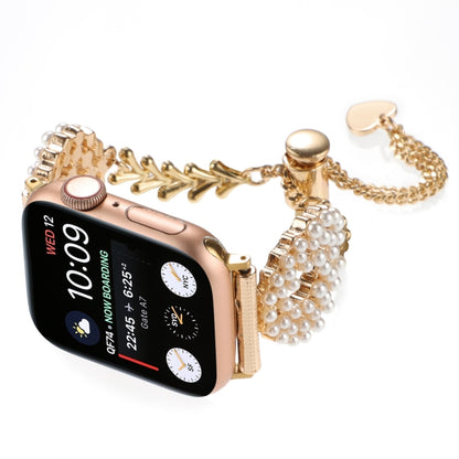 For Apple Watch Series 9 45mm Pearl Round Zinc Alloy Chain Metal Watch Band(Gold) by bashfashion
