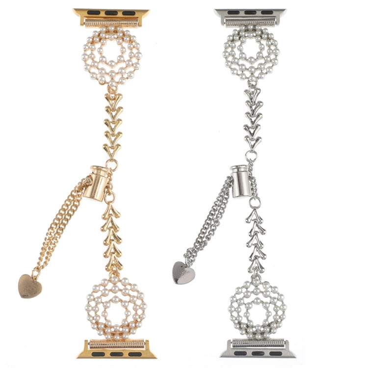 For Apple Watch Series 9 45mm Pearl Round Zinc Alloy Chain Metal Watch Band(Gold) by bashfashion