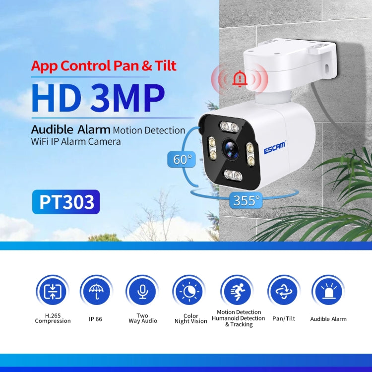 ESCAM PT303 3MP HD Motion Detection APP Control Pan & Tilt WiFi IP Camera(EU Plug) by ESCAM