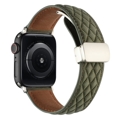 For Apple Watch SE 2023 40mm Rhombus Pattern Magnetic Folding Buckle Leather Watch Band(Army Green) by bashfashion
