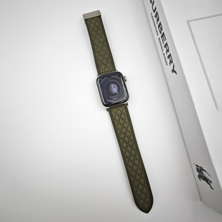 For Apple Watch SE 2023 40mm Rhombus Pattern Magnetic Folding Buckle Leather Watch Band(Army Green) by bashfashion