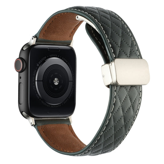 For Apple Watch SE 2023 40mm Rhombus Pattern Magnetic Folding Buckle Leather Watch Band(Dark Green) by bashfashion