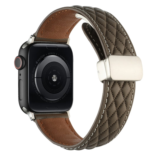 For Apple Watch Series 9 45mm Rhombus Pattern Magnetic Folding Buckle Leather Watch Band(Brown) by bashfashion