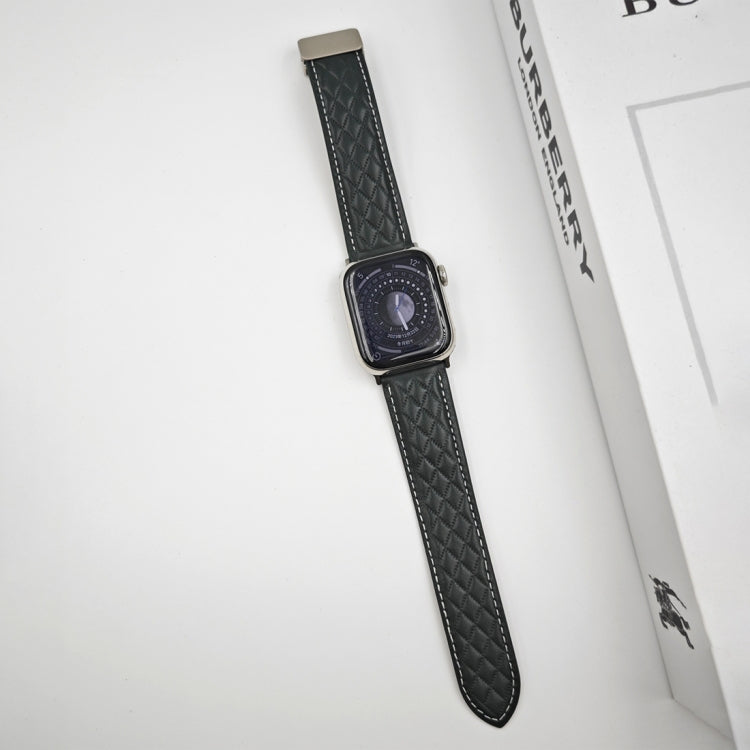 For Apple Watch Series 9 41mm Rhombus Pattern Magnetic Folding Buckle Leather Watch Band(Dark Green) by bashfashion