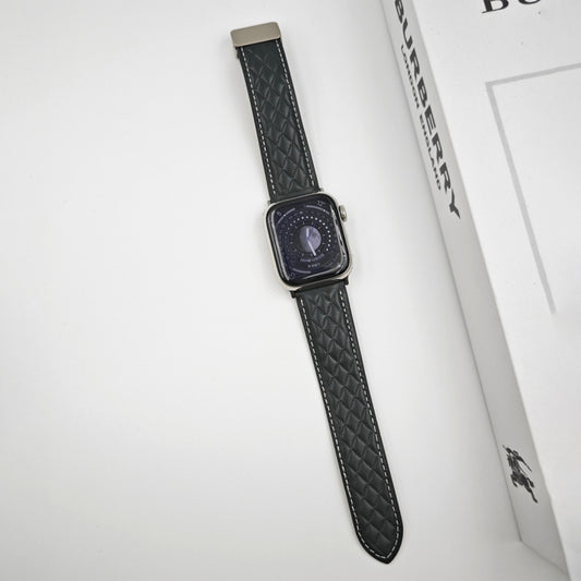 For Apple Watch Series 9 41mm Rhombus Pattern Magnetic Folding Buckle Leather Watch Band(Dark Green) by bashfashion