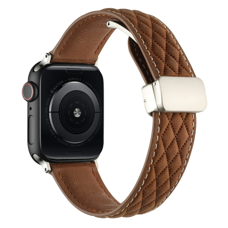 For Apple Watch SE 2022 40mm Rhombus Pattern Magnetic Folding Buckle Leather Watch Band(Dark Brown) by bashfashion