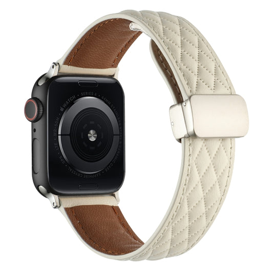For Apple Watch Series 6 44mm Rhombus Pattern Magnetic Folding Buckle Leather Watch Band(Creamy White) by bashfashion